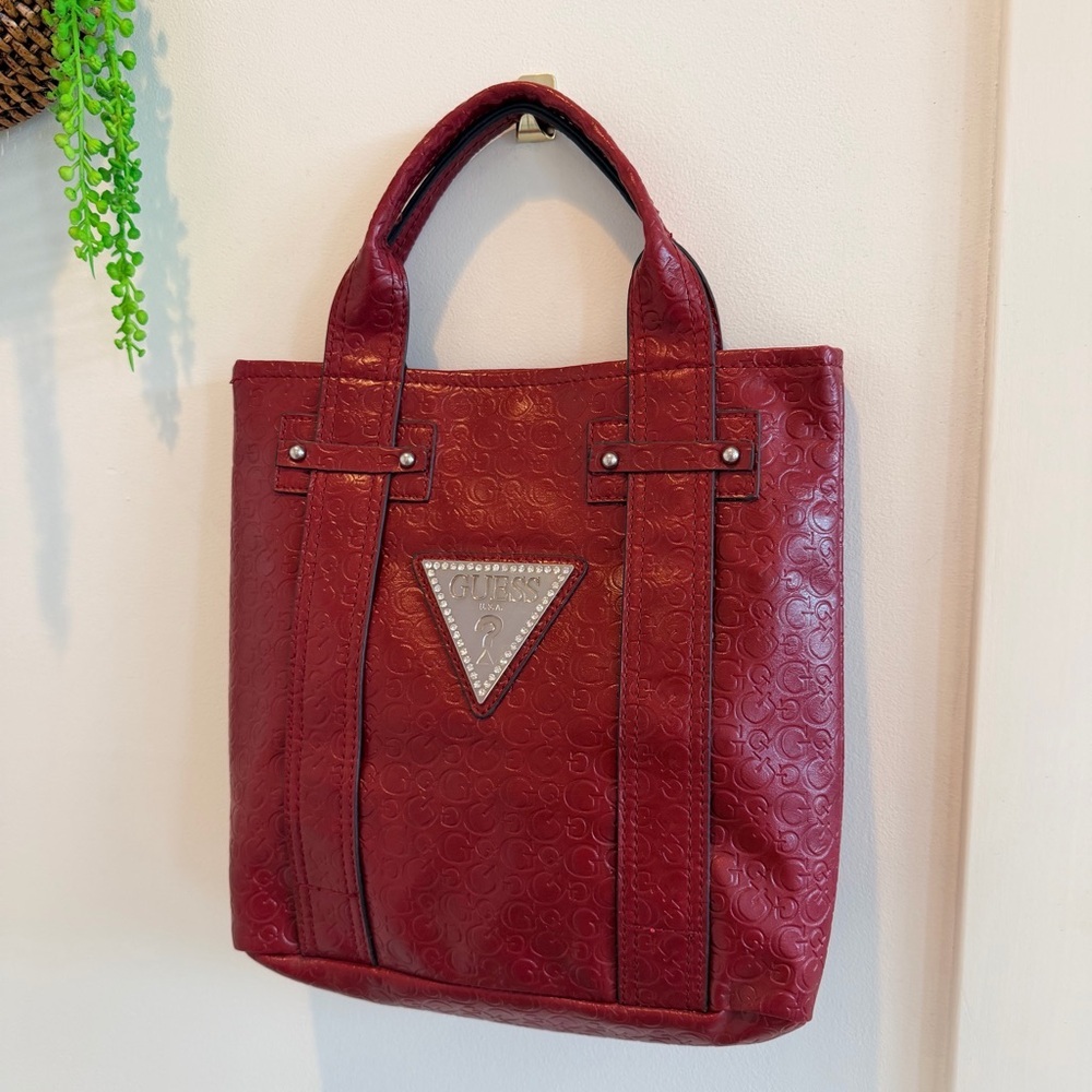 GUESS Y2K Burgundy Monogram Hand Bag Signature Silver Triangle Rhinestone Logo - Picture 3 of 15